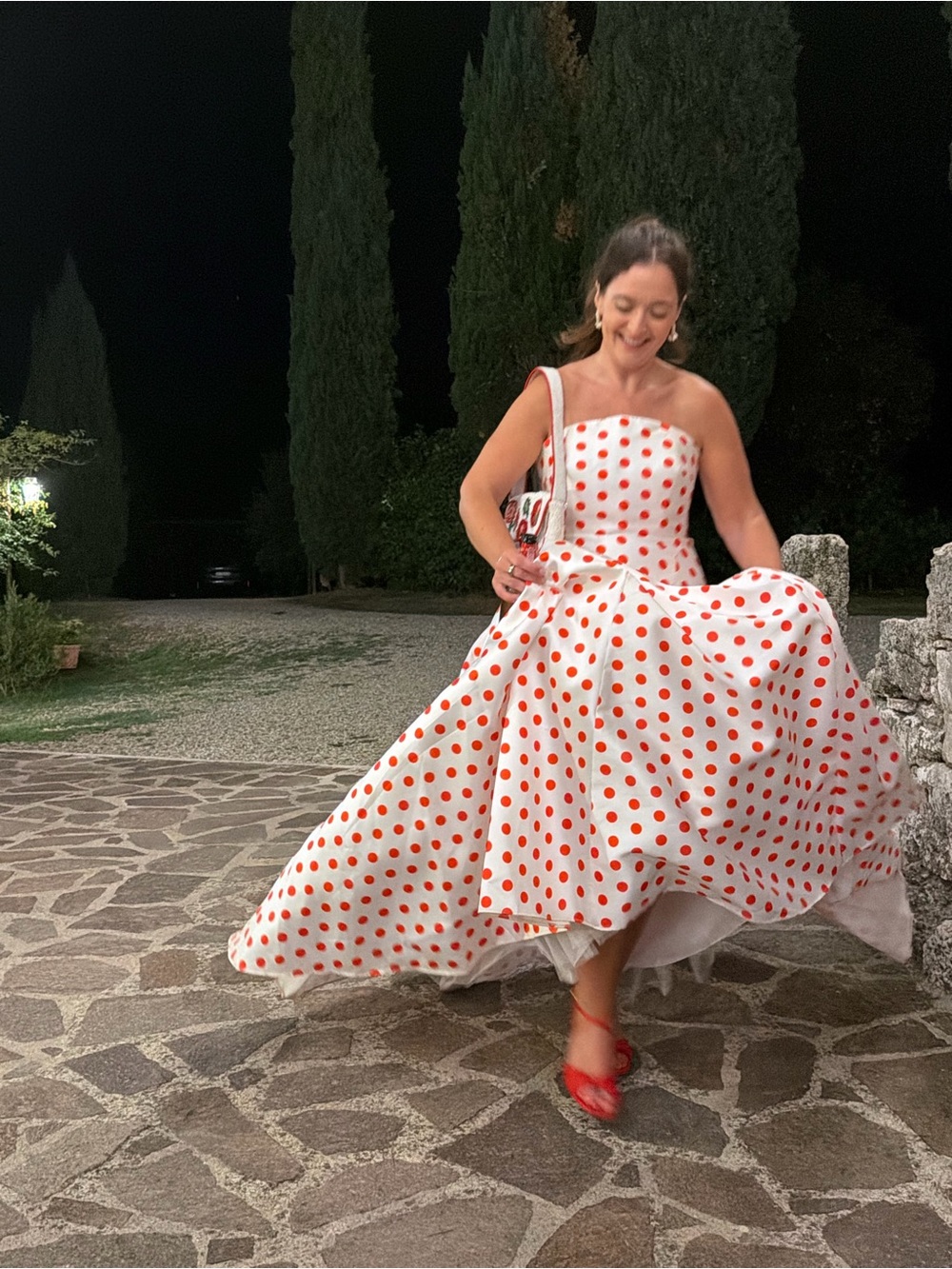 Mac Duggal White Strapless Midi Dress with Red Polka Dots